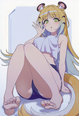 animal_ears bare_legs bare_shoulders bent_legs blonde_hair blush bottomwear breasts clothing crop_top dolphin_shorts feet female fluffy_ears glistening glistening_hair green_eyes hair hand_symbol long_hair looking_at_viewer medium_breasts no_shoes open_mouth shirt shorts sitting striped_hair topwear two_tone_tail white_clothing white_crop_top white_hair white_topwear sidillusts mihoyo zenless_zone_zero ju_fufu animal_humanoid felid felid_humanoid humanoid mammal mammal_humanoid pantherine pantherine_humanoid thiren tiger_humanoid hi_res