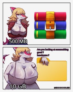 aged_up anthro arm_under_breasts before_and_after big_breasts blonde_hair blue_eyes bone_frill bottomwear breasts clothed clothed_anthro clothed_female clothing compliment crossed_arms denim denim_bottomwear denim_clothing dress female file_folder fingers frill_(anatomy) front_view glistening glistening_breasts grey_clothing grey_dress grey_topwear hair huge_breasts humanoid_hands humor jacket jeans long_hair looking_at_viewer mature_anthro mature_female non-mammal_breasts open_clothing open_jacket open_topwear pants pink_body red_clothing red_jacket red_topwear seductive simple_background smile solo spiked_tail spikes spikes_(anatomy) standing tail talking_to_viewer text topwear white_background white_body wrinkles eddodoodle cavemanon_studios decompressed_file_meme i_wani_hug_that_gator winrar mia_moretti dinosaur hadrosaurid ornithischian ornithopod parasaurolophus prehistoric_species reptile scalie absurd_res artist_name english_text half-length_portrait hi_res meme portrait