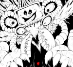 black_sclera claws evil_grin heart_symbol male multi_eye nightmare_fuel plant smile solo spikes daiidalus undertale undertale_(series) photoshop_flowey eldritch_abomination elemental_creature flora_fauna monster black_and_white_and_red monochrome