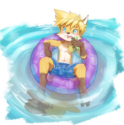 anthro areola beverage biped black_markings black_nose blonde_hair blue_eyes cheek_tuft clothed clothing container cup digitigrade dipstick_tail drinking drinking_glass eyebrows facial_tuft floating fluffy fluffy_tail glass glass_container glass_cup gloves_(marking) hair holding_beverage holding_object leg_markings looking_at_viewer lying male markings navel nipples on_back outside pool_float short_hair socks_(marking) solo swimming_trunks swimwear tail tail_markings topless topless_male tuft water wet young young_anthro young_male galo tycloud canid canine fox mammal 2025 absurd_res hi_res