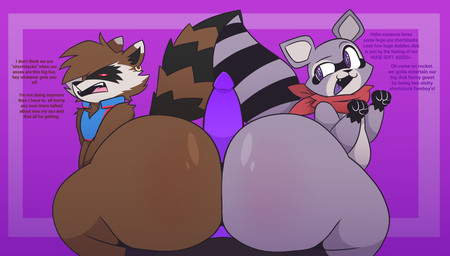 annoyed anthro bangs big_butt black_markings black_nose black_stripes blue_clothing blue_topwear bottomless bottomless_anthro bottomless_male brown_body brown_fur bubble_butt butt butts_touching clothed clothed_anthro clothed_male clothing collaborative collaborative_hot_dogging collaborative_sex dialogue dipstick_tail ear_piercing erection exclamation_point fangs femboy fur genitals glistening glistening_butt gloves_(marking) gold_piercing group hot_dogging huge_butt humanoid_genitalia humanoid_penis kerchief kerchief_only male male/male male_anthro markings mohawk mostly_nude neckerchief neckerchief_only neckwear open_mouth penis piercing profanity purple_background purple_body purple_eyes purple_fur purple_penis purple_tongue red_eyes red_kerchief red_neckerchief sex shortstack shortstack_male simple_background striped_markings striped_tail stripes tail tail_markings teeth text thick_thighs tongue topwear trio wide_hips tunemon guardians_of_the_galaxy indigo_park marvel marvel_rivals rambley_raccoon rocket_raccoon mammal procyonid raccoon 2025 digital_media_(artwork) english_description english_text