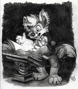 anthro book ear_piercing ear_ring fangs featureless_crotch hair logo magic_user male open_mouth piercing ring_piercing short_hair solo standing teeth young young_anthro young_male pandapaco canid canine fox mammal artist_logo monochrome signature sketch