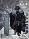 2022 abstract_background absurd_res anthro armor biped blaidd_(elden_ring) canid canine canis cloak clothing digital_media_(artwork) elden_ring eruprior fangs fromsoftware fur fur_collar gauntlets gloves greatsword grey_body grey_fur handwear hi_res holding_melee_weapon holding_object holding_sword holding_weapon jewelry male mammal melee_weapon necklace offering_hand sabatons solo sword teeth weapon wolf