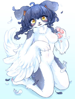 anthro black_body black_feathers black_hair black_nose blush bodily_fluids breasts cheek_tuft chest_tuft claws crying facial_tuft feathered_wings feathers featureless_breasts featureless_crotch feet female female_anthro floppy_ears folded_ears fur hair kneeling looking_at_viewer multicolored_body navel nude open_mouth pawpads simple_background solo tail talons tears toes tuft two_tone_body white_body white_feathers white_fur wings koto0v0haru cotorita avian bird border_collie canid canine canis collie domestic_dog herding_dog hybrid mammal pastoral_dog sheepdog digital_media_(artwork) hi_res