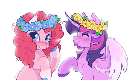 blep blush curly_hair duo female feral flower flower_crown freckles hair horn plant simple_background smile tongue tongue_out wings pink-sharkz friendship_is_magic hasbro my_little_pony mythology pinkie_pie_(mlp) twilight_sparkle_(mlp) earth_pony equid equine horse mammal mythological_creature mythological_equine pony winged_unicorn hi_res