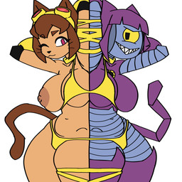 anthro areola big_breasts bikini breasts clothed clothing duo female female/female fur nipples partially_clothed purple_body purple_fur swimwear tail thick_thighs two-piece_swimsuit whiskers darkagentbr gameoverse glitch_productions kit_bodega malice_(gameoverse) hi_res