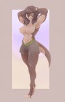 abs anthro big_breasts boait bottomwear breasts brown_body brown_fur clothed clothing female fur hair hi_res mammal muscular muscular_anthro muscular_female mustelid nipples one_eye_closed otter simple_background smile solo swimming_trunks swimwear topless