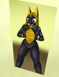 2018 animate_inanimate anthro anthro_to_inanimate blue_eyes breasts canid canine canis clenched_teeth digital_media_(artwork) female hair hi_res hollow_body inanimate_transformation jackal living_clothing mammal nx-42 solo story story_in_description suit_transformation surprise teeth transformation unusual_anatomy unusual_insides yellow_insides yellow_nose zipper