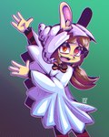 anthro bow_tie clothed clothing costume eye_bags eyelashes eyeshadow female hair holidays hood looking_at_viewer makeup ponytail simple_background solo conditional_dnp tdfoxoo halloween lapine_(tdfoxoo) ghost lagomorph leporid mammal rabbit spirit 4:5 absurd_res hi_res