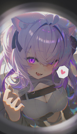 ahoge animal_ears belt big_breasts blush breasts cat_smile cleavage clothed clothing fangs female fluffy_ears glistening glistening_hair grey_clothing grey_shirt grey_topwear hair hair_between_eyes heart_symbol magic_eye open_mouth purple_eyes purple_hair ribbon_hair shirt short_hair speech_bubble teeth topwear lv1_yusha hololive vtuber okayu_nekomata animal_humanoid cat_humanoid felid felid_humanoid feline feline_humanoid humanoid mammal mammal_humanoid absurd_res hi_res