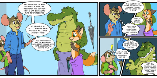 age_difference anthro backpack bodily_fluids brown_body brown_fur clothed clothing countershading dialogue dipstick_tail drooling eyewear fully_clothed fur glasses gloves_(marking) green_body green_clothing green_eyes green_shirt green_topwear group hand_on_shoulder leg_markings male markings navel orange_body orange_fur pink_towel profanity rape_face saliva shirt size_difference socks_(marking) speech_bubble tail tail_markings teeth text thought_bubble topwear towel towel_around_waist towel_only umbrella young young_anthro young_male compfive clifton_catalina colby_catalina gus_the_gator kyle_cumberland alligator alligatorid canid canine crocodile crocodilian fox house_mouse mammal mouse murid murine red_fox reptile rodent scalie true_fox comic english_text hi_res multiple_scenes father_(lore) father_and_child_(lore) father_and_son_(lore) parent_(lore) parent_and_child_(lore) parent_and_son_(lore) son_(lore)