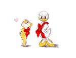 anthro blue_eyes duo eyelashes feathers female fur looking_at_viewer red_nose simple_background smile white_body naka_54 chip_'n_dale disney clarice_(disney) daisy_duck anatid anseriform avian bird chipmunk duck ground_squirrel mammal rodent sciurid hi_res