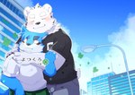 anthro biped black_nose blush bottomwear clothing duo hug hugging_another hugging_from_behind kemono male pants shirt text topwear white_body green_bell bear canid canine canis domestic_dog mammal polar_bear ursine 2024 absurd_res cover hi_res japanese_text