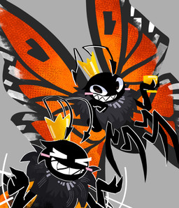 2_antennae 3_fingers 4_legs 4_wings >_< ambiguous_gender antennae_(anatomy) anthro big_wings black_antennae black_eyes black_markings blush blush_stickers container crown cup excited eyes_closed eyespots fingers flying food glass glass_container glass_cup gradient_wings grey_background grin head_tuft headgear holding_glass holding_object honey_(food) insect_wings lepidopteran_wings looking_at_viewer markings monotone_background monotone_body multi_wing nude orange_wings pink_blush quadruped round_head ruff simple_background smile solo spread_wings teeth toony toothy_grin tuft white_markings wings dumbowlett disney hoppers_(disney) pixar titus_(hoppers) arthropod butterfly insect lepidopteran absurd_res flat_colors hi_res