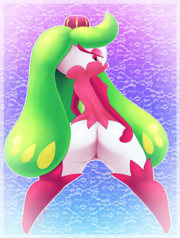 big_butt biped blue_background breasts butt featureless_breasts female genitals gradient_background green_hair hair hand_on_butt long_hair looking_back not_furry pattern_background plant presenting pseudo_clothing purple_background rear_view red_eyes simple_background solo standing vulva white_body white_skin sirredbenjamin nintendo pokemon elemental_creature flora_fauna generation_7_pokemon humanoid pokemon_(species) tsareena 2018 hi_res