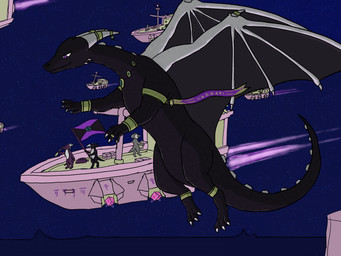 aircraft airship ambiguous_gender anthro black_body black_scales feral flag flag_(object) flying grey_body grey_scales group holding_flag holding_object horn horn_jewelry horn_ring jewelry membrane_(anatomy) membranous_wings midair purple_eyes ring_(jewelry) scales size_difference spread_wings tail the_end_(minecraft) vehicle wings harker_(artist) microsoft minecraft mojang mythology xbox_game_studios dragon ender_dragon kobold mythological_creature mythological_scalie scalie 4:3
