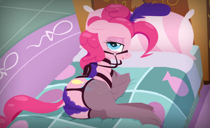 bdsm bed big_butt blue_eyes bridle butt clothed clothing cutie_mark detailed_background eyelashes female feral furniture garter_straps hair heart_eyes heart_symbol inside legwear looking_at_viewer looking_back looking_back_at_viewer lying on_bed open_mouth open_smile panties petplay pillow pink_body pink_hair ponyplay pupils quadruped quilt roleplay saddle side_view smile solo stockings submissive submissive_female submissive_feral thick_thighs thigh_highs underwear hattsy friendship_is_magic hasbro my_little_pony pinkie_pie_(mlp) earth_pony equid equine horse mammal pony absurd_res hi_res