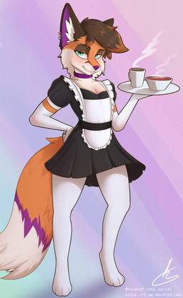anthro armwear beverage blue_eyes bottomwear clothed clothing coffee coffee_cup coffee_mug collar container crossdressing cup dipstick_tail ear_piercing femboy fur holding_object holding_plate leggings legwear maid_uniform male markings orange_body orange_fur piercing plate pleated_skirt purple_body purple_fur simple_background skirt smug_face solo stockings tail tail_markings uniform white_armwear white_body white_clothing white_fur white_legwear novav33 mochafox_(itsmochafox) canid canine fox mammal red_fox true_fox hi_res