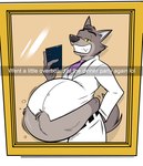 anthro belly belt big_belly bottomwear cellphone clenched_teeth clothed clothing electronics fangs fur half-closed_eyes hand_behind_back holding_cellphone holding_object holding_phone looking_at_viewer male male_anthro mirror mirror_selfie narrowed_eyes necktie obese overweight overweight_anthro overweight_male pants phone raised_tail selfie smile smiling_at_viewer solo tail teeth text yellow_eyes remmyfox dreamworks snapchat the_bad_guys mr._wolf_(the_bad_guys) canid canine canis mammal wolf 2022 absurd_res hi_res