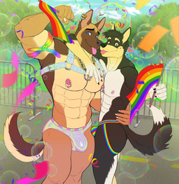 abs anthro anthro_on_anthro areola arm_around_neck armband barazoku biceps big_bulge big_muscles blep bubble bulge butt claws clothed clothing confetti day detailed_background duo ear_piercing ear_ring eyebrows fence flag flag_(object) fur gesture hair hand_gesture hand_on_side harness holding_flag holding_object huge_muscles jewelry jockstrap lgbt_pride looking_at_viewer male male/male markings mole_(marking) muscular muscular_anthro muscular_male navel necklace nipple_piercing nipple_ring nipples outside pecs piercing plant pride_color_clothing pride_color_flag pride_color_jockstrap pride_color_underwear pride_colors rainbow_pride_colors ring_piercing serratus six-stripe_rainbow_pride_colors smile standing thick_arms thick_thighs tongue tongue_out topless topless_anthro topless_male tree tuft underwear v_sign nubruki_(artist) lgbt_pride_month bruki_(character) canid canine canis domestic_dog german_shepherd herding_dog mammal pastoral_dog 2025 hi_res