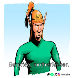 black_eyes clothing crown dress female green_clothing green_dress hair headgear humanoid_pointy_ears humor light_body light_skin lips long_hair long_sleeves orange_hair pointy_ears ponytail profanity solo text tiara vein merrivius dexter_(series) elf_comic elf_(merrivius) james_doakes elf humanoid 2025 english_text meme