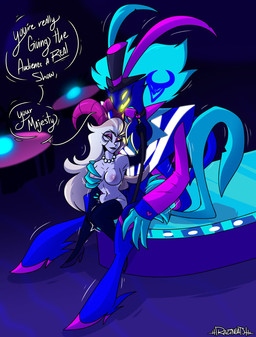 abdominal_bulge anthro blonde_hair blue_body blue_fur breast_grab breasts claws clothed clothing collar detailed_background dialogue duo female female_penetrated from_behind_position fur green_eyes hair hand_on_breast hat headgear headwear horn inside looking_pleasured male male/female male_penetrating male_penetrating_female mature_female nipples one_eye_closed open_mouth open_smile partially_clothed penetration sex size_difference smile speech_bubble stage text top_hat vaginal vaginal_penetration razincakes third-party_edit hazbin_hotel hellaverse helluva_boss asmodeus_(helluva_boss) lilith_magne_(hazbin_hotel) demon humanoid english_text hi_res signature