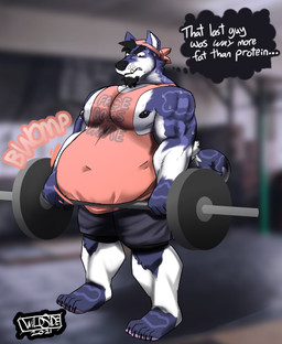 anthro belly big_belly bodily_fluids clothing exercise kerchief male musclegut muscular pink_clothing shirt solo sweat tank_top text topwear weightlifting workout workout_clothing wildside bosco_(wildside) canid canine canis domestic_dog husky mammal nordic_sled_dog spitz 2021 english_text