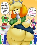 2020 5:6 absurd_res animal_crossing anthro bear big_breasts big_butt blush bottomwear breasts butt canid canine canis charlise_(animal_crossing) clothed clothing dialogue domestic_dog english_text female furgonomics group hi_res huge_butt isabelle_(animal_crossing) lagomorph leporid male mammal monotone_bottomwear monotone_clothing monotone_skirt nintendo pencil_skirt question_mark rabbit shih_tzu skirt snake_(animal_crossing) solo_focus tail tail_through_skirt text toy_dog xmetalhusky