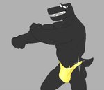 abs anthro big_bulge big_muscles bulge clothing grey_background looking_at_viewer male muscular muscular_anthro muscular_male narrowed_eyes open_mouth pecs sharp_teeth simple_background solo sparkles standing teeth thong underwear grandall_(artist) alphabet_(mike_salcedo) f_(mike_salcedo) scalie 2022