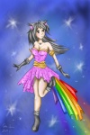 :3 alternate_species blue_background blush breasts cleavage clothed clothing dress female food food_print footwear gloves grey_eyes grey_hair hair handwear humanized jewelry legwear multicolored_clothing necklace rainbow rainbow_clothing rainbow_trail simple_background socks solo space cata_luu nyan_cat_(copyright) pop-tarts nyan_cat animal_humanoid cat_humanoid felid felid_humanoid feline feline_humanoid human humanoid mammal mammal_humanoid 2011 meme