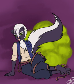 anthro breasts cleavage clothed clothing fart fart_cloud fart_fetish female fully_clothed green_eyes hair looking_at_viewer sitting solo tail tongue tongue_out whip white_hair valerienn chickenhare_and_the_hamster_of_darkness n_wave_pictures meg_(chickenhare) mammal mephitid skunk 2026 hi_res signature