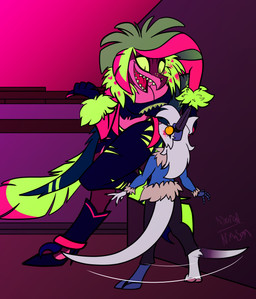 anthro blush duo female female/female implied_dialog leaning_on_wall looking_up_at_another on_style size_difference tail tail_motion tailwag alteredkrimson hazbin_hotel hellaverse missi_zilla vakura_(alteredkrimson) zeezi_(hazbin_hotel) bat demon dinosaur kugar_(alteredkrimson) mammal prehistoric_species reptile scalie absurd_res hi_res