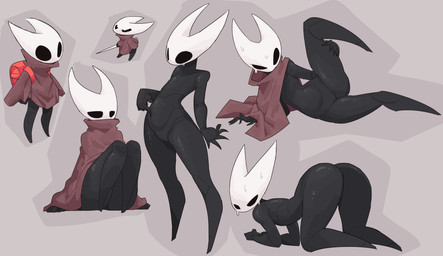 2_horns 5_fingers backpack biped black_body black_eyes bodily_fluids butt cloak clothed clothing eyes_closed featureless_crotch female fingers flat_chested holding_melee_weapon holding_object holding_weapon horn melee_weapon nude presenting sitting solo standing sweat sweatdrop weapon white_head neamo hollow_knight_(franchise) team_cherry hornet_(hollow_knight) arthropod 2026 absurd_res hi_res