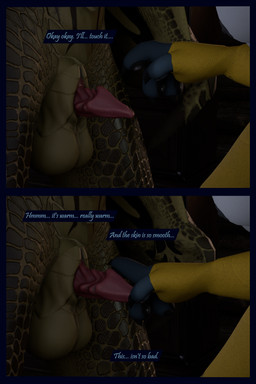 animal_genitalia anthro arm_warmers armwear balls blue_body blue_fur clothing dialogue duo female fur genitals green_body green_scales male male/female penis penis_tip scales sheath text touching_penis white_body white_fur flauntingfornication european_mythology mythology dragon kobold mythological_creature mythological_scalie scalie western_dragon wyvern 2:3 3d_(artwork) absurd_res comic digital_media_(artwork) english_text hi_res daughter_(lore) father_(lore) father_and_child_(lore) father_and_daughter_(lore) parent_(lore) parent_and_child_(lore) parent_and_daughter_(lore)