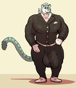 anthro balls belt big_balls big_bulge big_penis bulge butler clothed clothing detailed_bulge footwear fully_clothed genitals gloves hair hair_bun handwear huge_balls huge_bulge huge_penis looking_at_viewer male muscular muscular_male nipple_outline pecs penis red_sclera shoes smile solo standing stripes suit tail joebluefox joe_(joebluefox) felid mammal pantherine tiger absurd_res hi_res