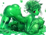 big_breasts breasts bubble female glistening huge_breasts looking_at_viewer messy monster_girl_(genre) nipples not_furry nude red_eyes slime solo translucent translucent_body chikokuma goo_creature humanoid green_theme