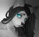 anthro black_hair black_nose blue_eyes bodily_fluids dreadlocks eyebrows eyelashes eyeshadow female hair makeup smeared_eyeshadow smile solo tears teeth hinar_miler domestic_cat felid feline felis mammal 2020 digital_media_(artwork) headshot_portrait hi_res portrait