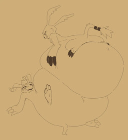 anthro belly big_belly duo huge_belly male overweight simple_background saphiros bandai_namco digimon digimon_(species) gazimon gomamon 2026