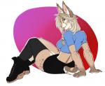 anthro biped boots bottomwear clothed clothing female footwear legwear looking_at_viewer midriff shoes sitting skirt smile solo stockings faint ariyah_(meg) felid feline lynx mammal digital_media_(artwork)