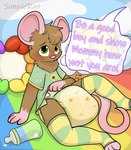 ambiguous_gender anthro blush bodily_fluids bottle clothed clothing container diaper embarrassed empty_bottle genital_fluids legwear shy solo text thigh_highs unclean_diaper urine used_diaper wet_diaper simplerat toast_(simplerat) mammal mouse murid murine rat rodent absurd_res colorful_theme english_text hi_res
