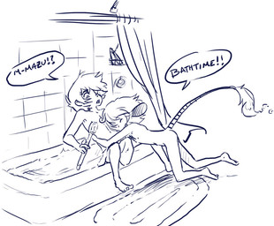 adolescent bath bathtub brush dialogue duo eyes_closed male narrow_hips nude shower_curtain slim tail tail_tuft text thin_calves thin_legs thin_thighs tuft water young young_human young_humanoid young_male aogami nintendo pokemon generation_2_pokemon human humanoid mammal pokemon_(species) smeargle 2011 black_and_white english_text line_art monochrome