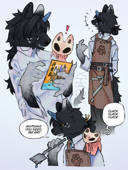 ambiguous_gender anthro black_body black_fur black_sclera bone claws clothed clothing dialogue duo eyewear feral fur glasses hair horn manga_(object) monotone_background paws skeleton text white_body white_fur yellow_eyes xiyaodii asian_mythology fabulous_beasts fenz_(studio) mythology chugou_(fabulous_beasts) diting_(fabulous_beasts) fuzai_(fabulous_beasts) kulou_(fabulous_beasts) canid canine canis domestic_cat domestic_dog felid feline felis fox mammal mythological_creature straw_dog undead chinese_text colored english_text hi_res