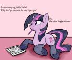 cutie_mark english_text equine female feral friendship_is_magic fur hair hair_over_eye horn horse long_hair mammal multi-colored_hair my_little_pony pony princess princess_celestia_(mlp) purple_eyes purple_fur royalty simple_background sitting stockings text thattagen tiara twilight_sparkle_(mlp) unicorn
Rating: Safe
Score: 9
User: Fluttershy
Date: February 18, 2014