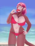 beach big_breasts bikini breasts clothing detailed_background female food outside popsicle reward seaside semi-anthro sky solo swimwear text two-piece_swimsuit water kanou patreon haplorhine mammal monkey primate digital_media_(artwork) shaded url