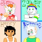 anthro armband black_eyes black_hair blep blush clothed clothing green_eyes hair inner_ear_fluff looking_at_viewer male multicolored_hair orange_hair rainbow_hair simple_background smile tongue tongue_out tuft unsigned whiskers zandriel123 henry_(centertale) jhon_(jhon's_story) thomas_(thomas's_story) zandriel_(storytale) bovid canid canine caprine domestic_cat felid feline felis goat human mammal 1:1 2023 digital_drawing_(artwork) digital_media_(artwork) hi_res