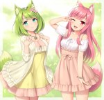 alternative_fashion bracelet breasts clothed clothing country_lolita dress duo female gesture green_eyes green_hair hair hand_gesture j-fashion jewelry lolita_(fashion) necklace one_eye_closed open_mouth pink_hair red_eyes smile sweet_lolita v_sign wink sand-rain animal_humanoid canid canid_humanoid canine canine_humanoid fox_humanoid humanoid mammal mammal_humanoid 2021 hi_res