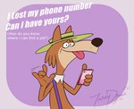 anthro biped black_nose brown_body cellphone clothed clothing electronics hat headgear headwear humanoid_hands male phone simple_background smartphone solo text tongue tongue_out tarnydraws hanna-barbera it's_the_wolf jellystone_(hbo_max) mildew_wolf canid canine canis mammal wolf 2021 english_text hi_res