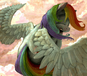 cloud eyes_closed female feral flying laugh sky smile solo wings lordgood friendship_is_magic hasbro my_little_pony mythology rainbow_dash_(mlp) equid equine mammal mythological_creature mythological_equine pegasus 2015