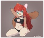 anthro breasts cleavage_cutout clothed clothing cutout ear_piercing ear_ring female fur hair hands_behind_head lingerie long_tail navel piercing red_hair ring_piercing simple_background smile solo tail thick_thighs topwear underwear squiidwave abigail_(viridiansun) domestic_cat felid feline felis mammal absurd_res hi_res shaded