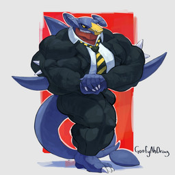 anthro arm_spikes barazoku barefoot biceps big_muscles black_bottomwear black_clothing black_necktie black_pants black_sclera black_suit blue_body bottomwear claws clothed clothed_male clothing collared_shirt countershade_face countershading danger_sign dress_shirt elbow_spikes feet finger_claws flexing_muscles fully_clothed fully_clothed_male grey_background grin huge_muscles hyper hyper_muscles leg_spikes looking_at_viewer male muscular muscular_male necktie pants pattern_necktie red_background red_body red_countershading shirt simple_background smile solo spikes spikes_(anatomy) stretched_clothing striped_necktie suit tail teeth text tight_bottomwear tight_clothing tight_pants tight_topwear toe_claws toothy_grin topwear white_dress_shirt yellow_eyes yellow_necktie yellow_nose goofyahdragons nintendo pokemon garchomp generation_4_pokemon pokemon_(species) 1:1 2025 artist_name digital_drawing_(artwork) digital_media_(artwork) english_text full-length_portrait hi_res portrait